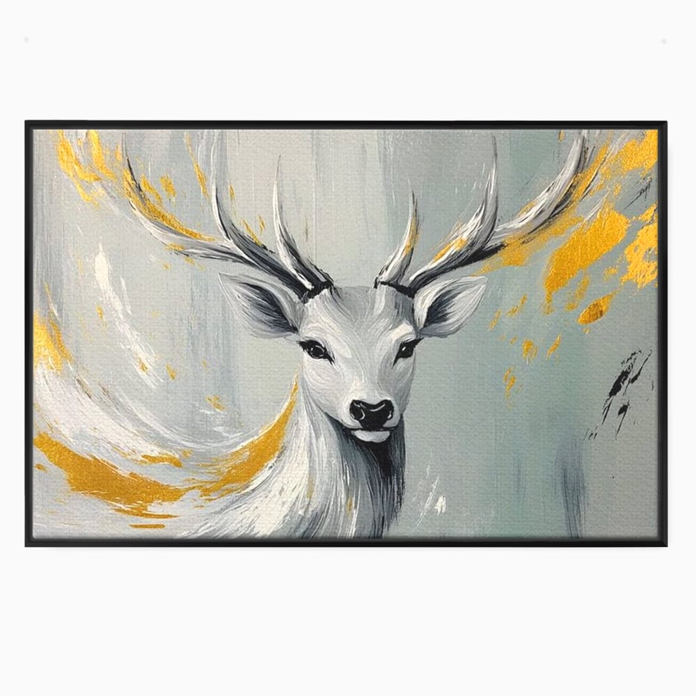 Tablou canvas cu pictura cu portret de cerb si detalii aurii, in rama de aluminiu negru